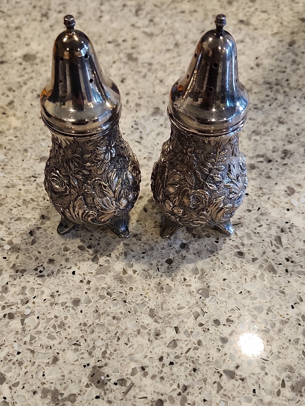 Ornate Floral Silver Salt and Pepper Shakers - Vintage Style